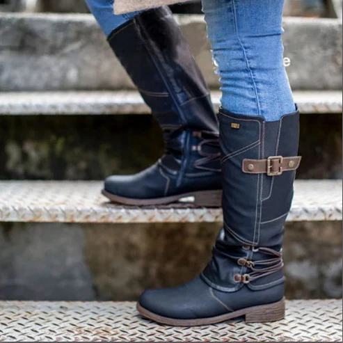 Damen Overknee Stiefel mit modischem Riemendesign und komfortablem Blockabsatz Heidi Mode
