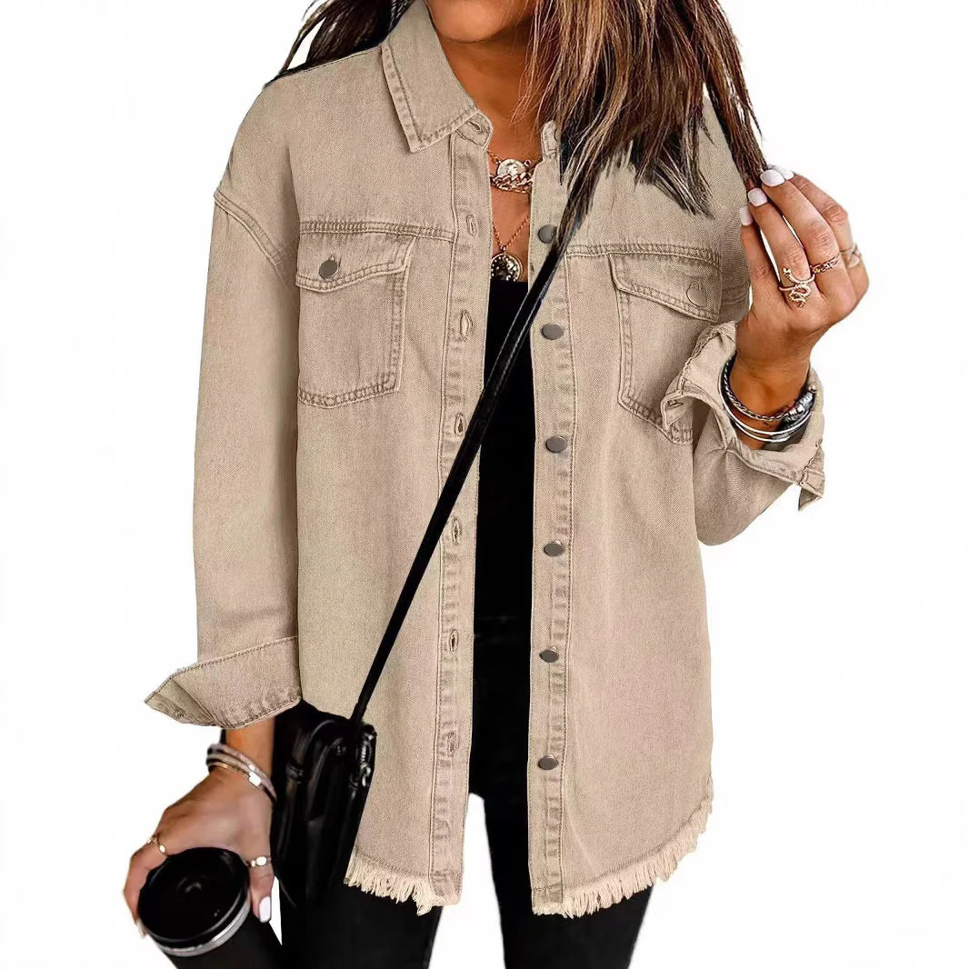 Damen Oversized Jeanshemd mit Fransen Heidi-Mode