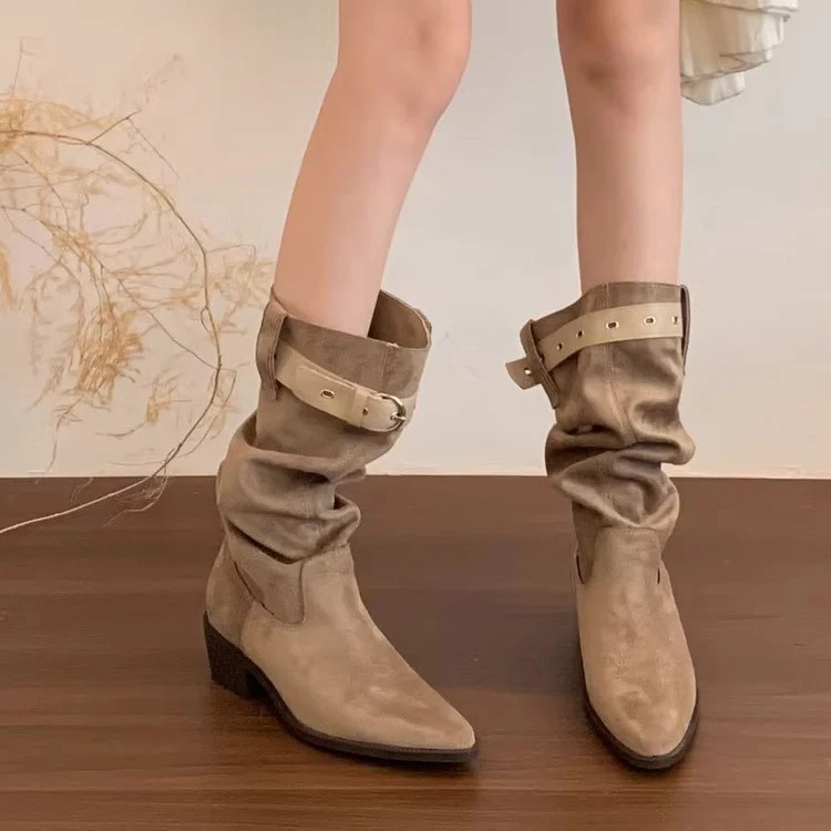 Damen Rustikale Wildleder-Stiefel mit modischem Falten-Design und verstellbarem Riemen Heidi Mode
