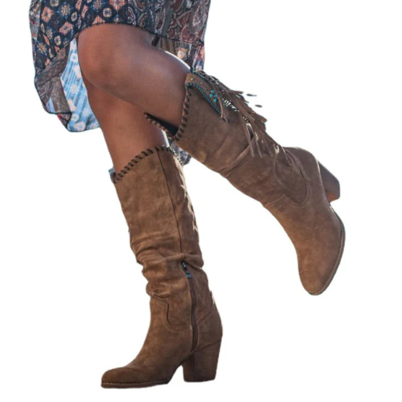 Damen Stiefel - Blockabsatz - Spitz zulaufende Zehen - Stiefel bis zur Wade - Cowboy Stiefel Heidi Mode