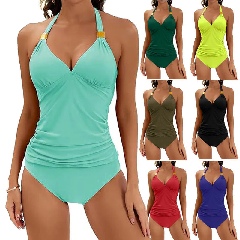 Damen Tankini mit Gerafftem Oberteil und Hohem Bund Heidi-Mode
