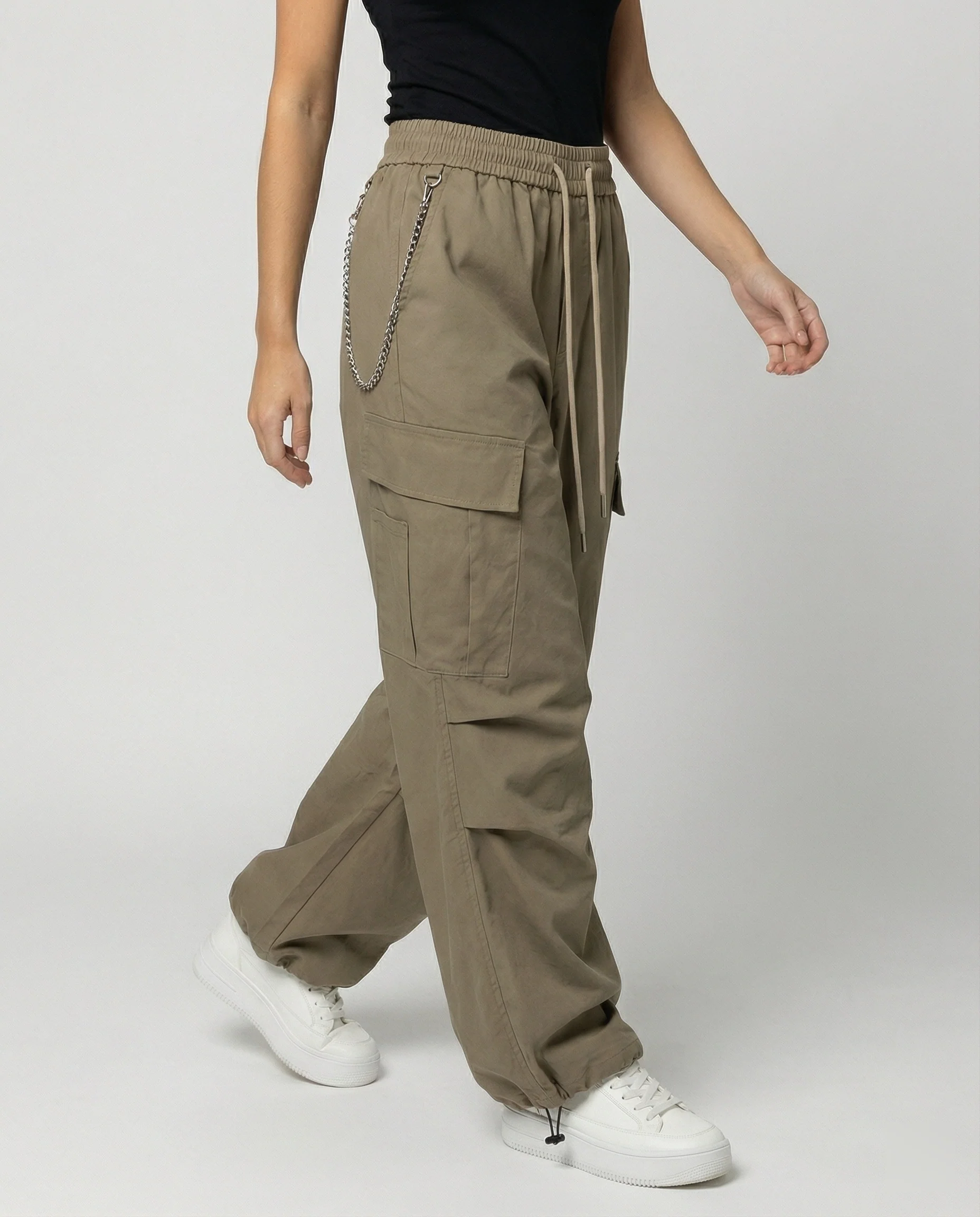 Damen utilitaristische weit geschnittene Cargo-Hose mit hohem Bund Kordelzug und Saumverstellung Heidi-Mode