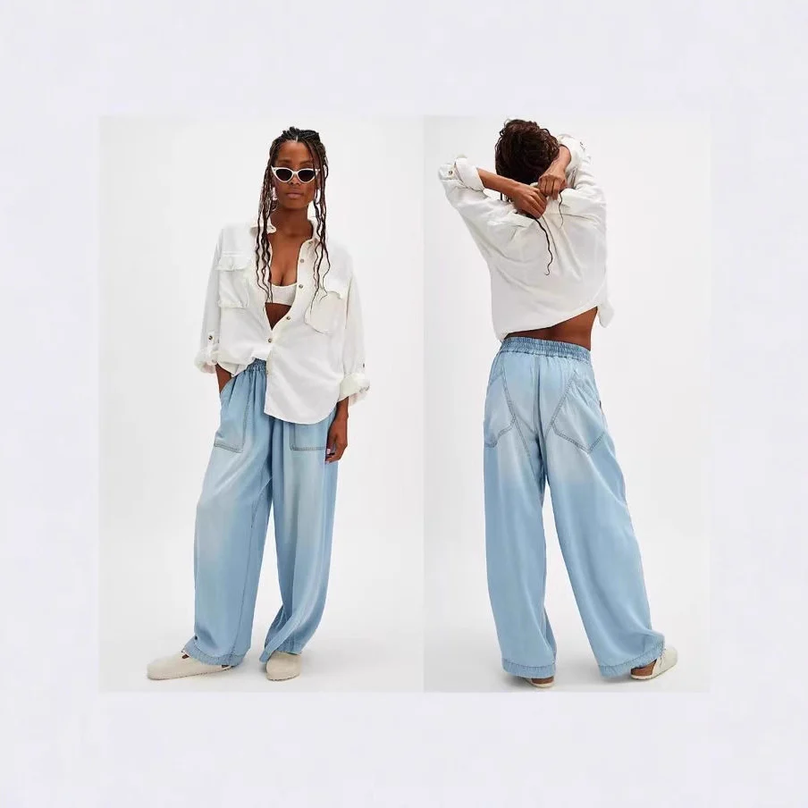 Damen Weite Denim-Hose mit elastischem Bund und Taschen
