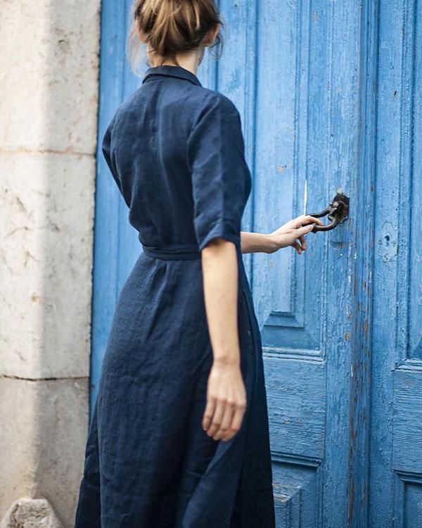 Heidi-Mode | Baumwoll-Leinen Gürtelkragen Kleid
