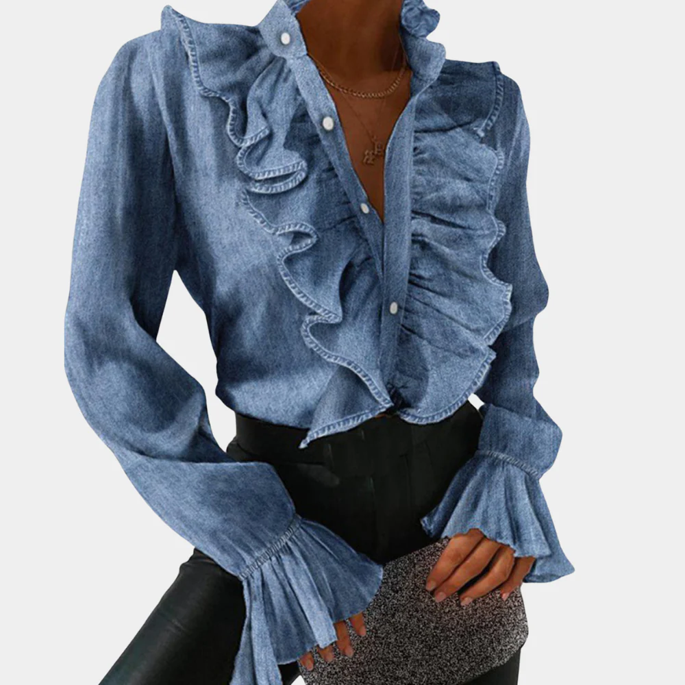 Heidi-Mode | Denim-Bluse mit Rüschen und Knopfleiste für Damen