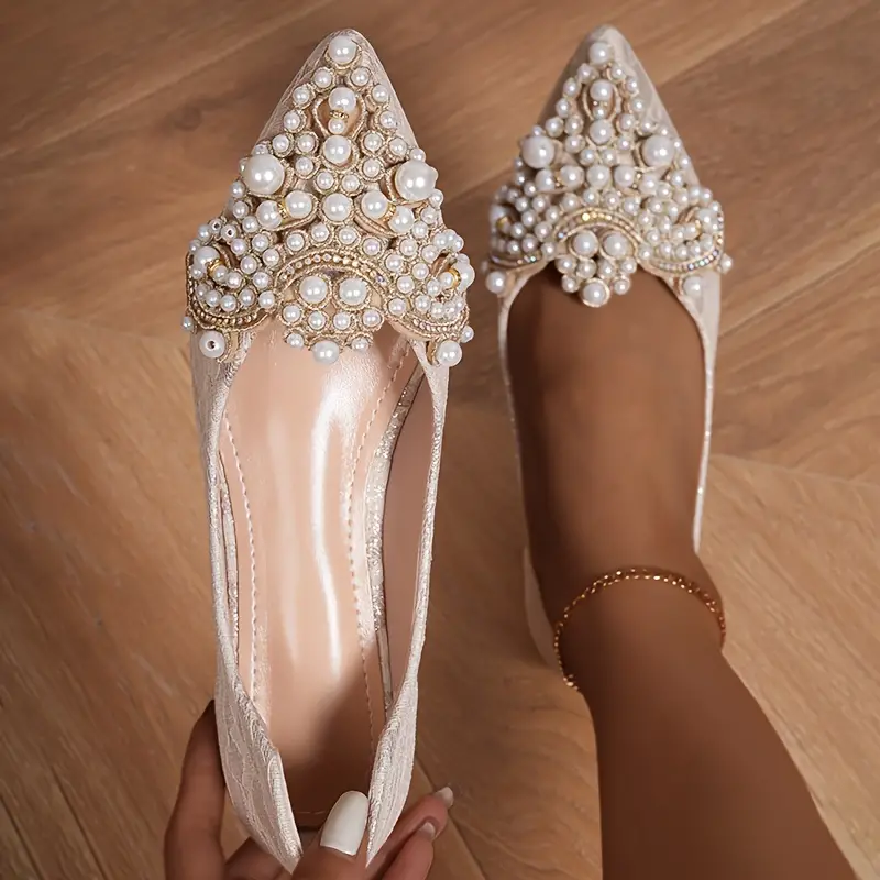 Heidi-Mode | Elegante Braut Ballerinas mit Spitze und Kunstperlen