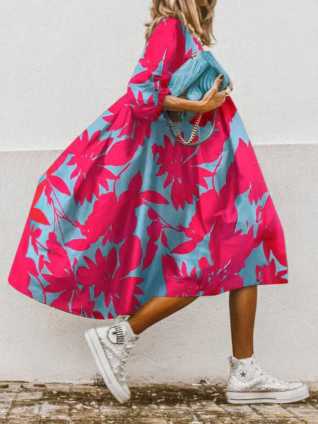 Heidi-Mode | Frauen Kleider Lockeres Bedrucktes Halbarm Midi Kleid