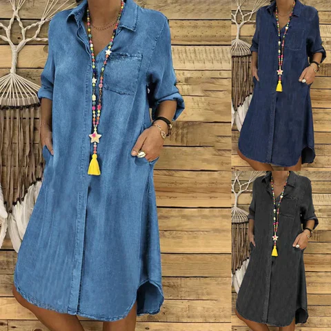 Heidi-Mode | Jeans Midi-Kleid mit Umgeschlagenen Ärmeln und Brusttasche.