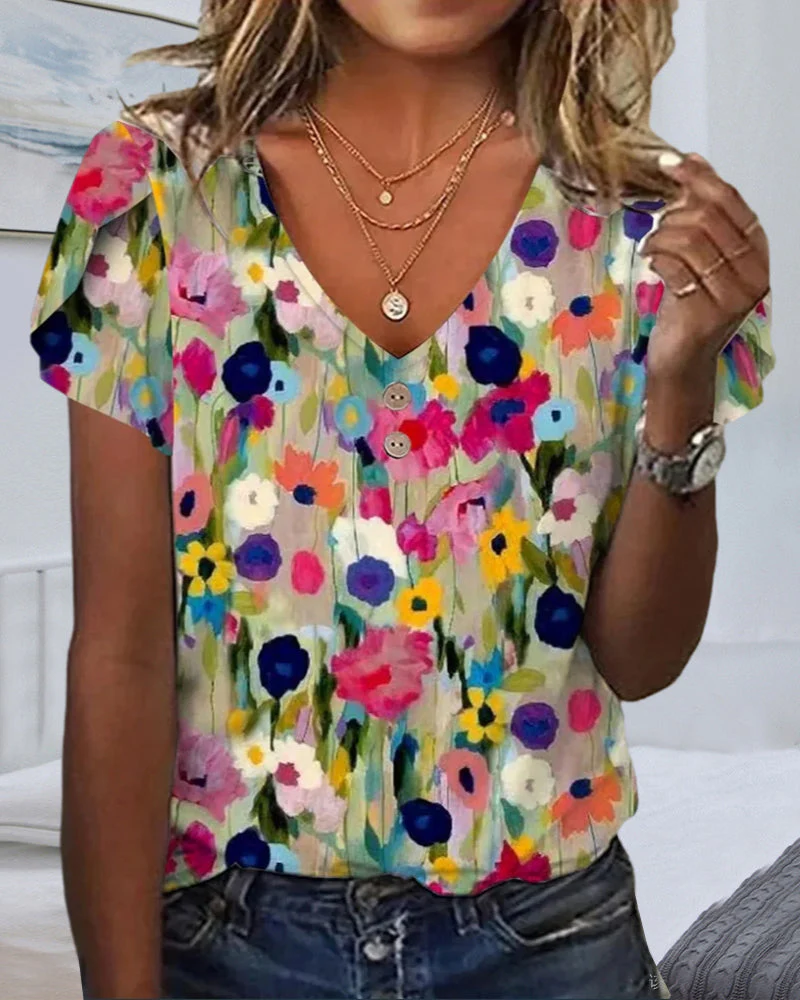 Heidi-Mode | Kurzärmlige Farbenfrohe Blumenbluse mit V-Ausschnitt