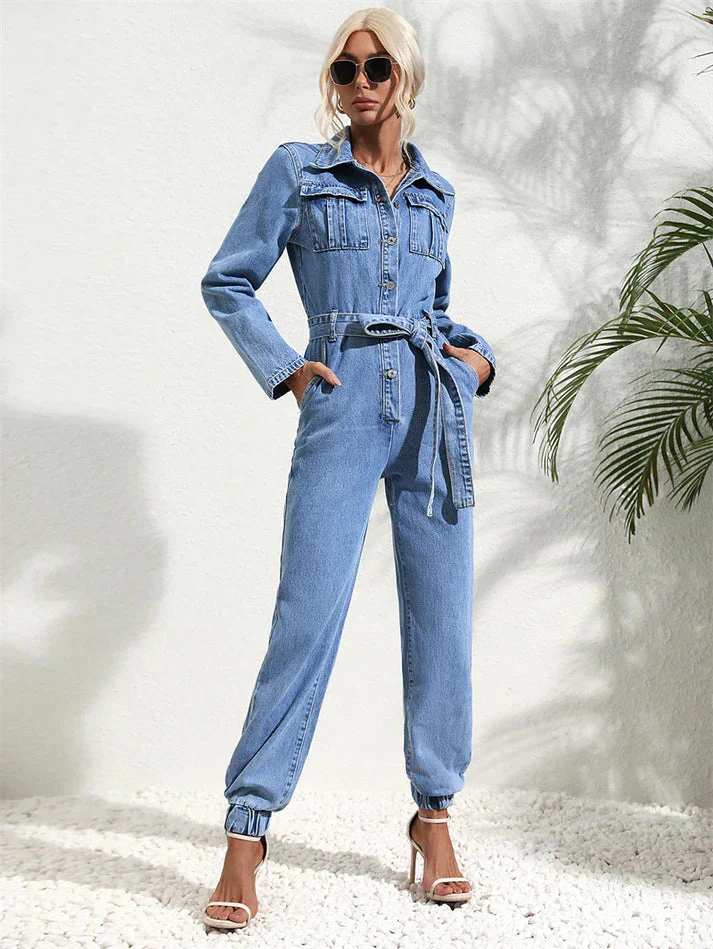 Heidi-Mode | Lässiger Denim-Jumpsuit mit Gürtel und Langen Ärmeln für Damen