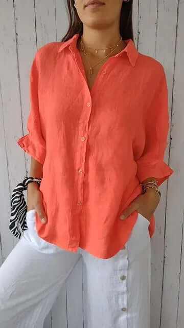 Heidi-Mode | Lässiges Shirt mit Schlaufenverschluss Aus Baumwolle und Leinen für Frauen - Image 3