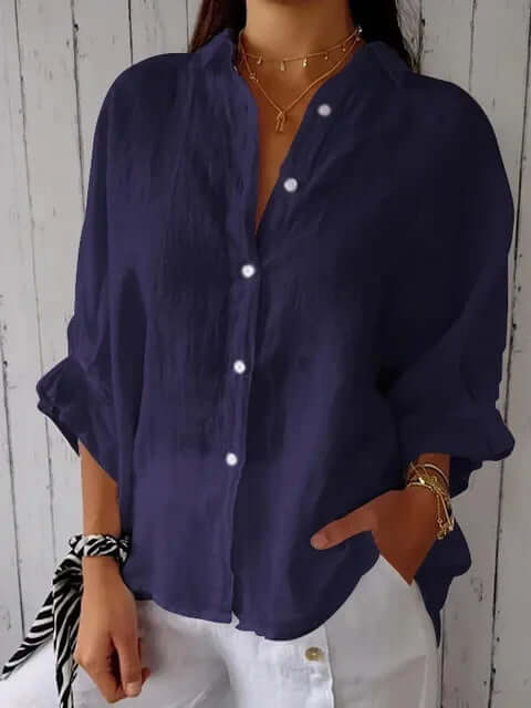 Heidi-Mode | Lässiges Shirt mit Schlaufenverschluss Aus Baumwolle und Leinen für Frauen - Image 7