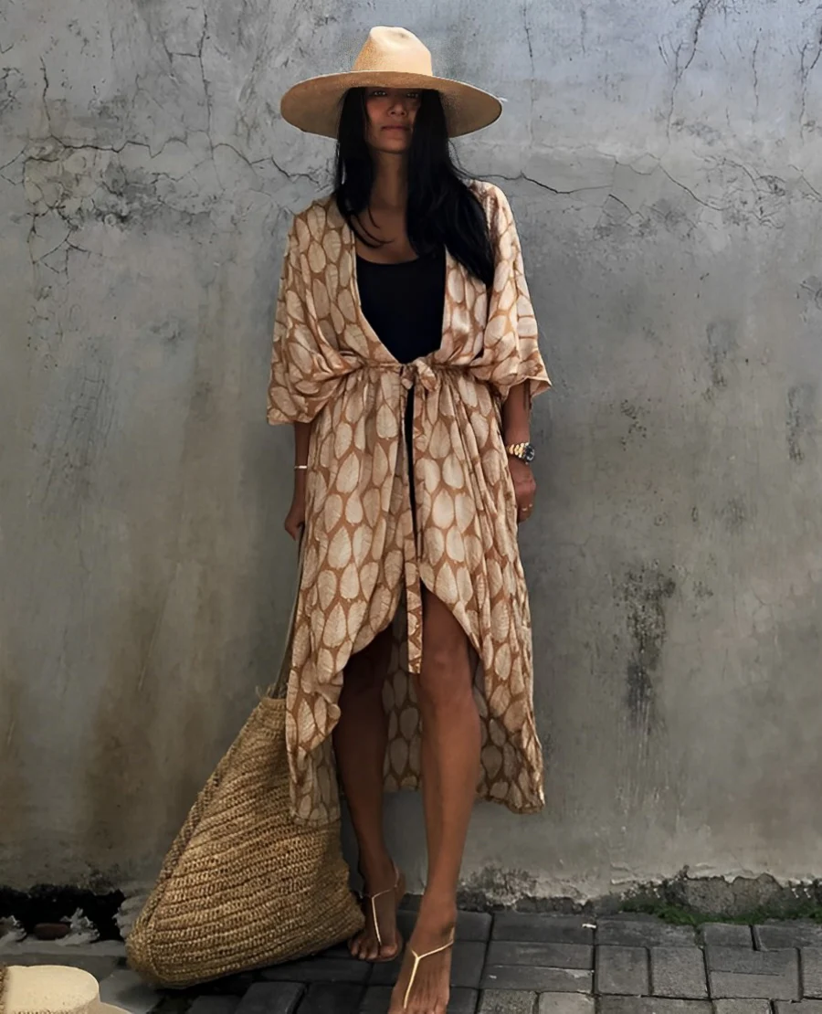 Heidi-Mode | Retro Kimono Langer, Gemusterter Strandkimono mit Gürtel für Damen