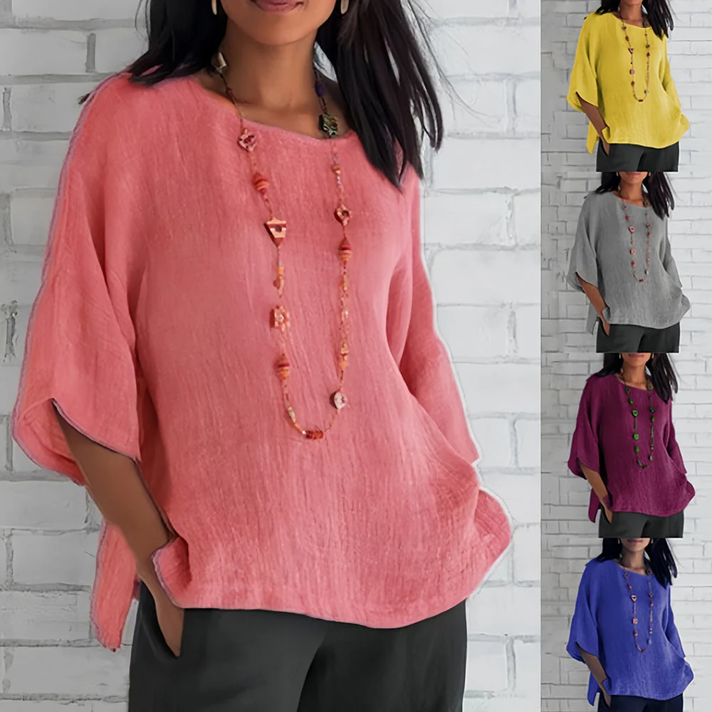 Heidi-Mode | Rosafarbenes, Lockeres Rundhals-Shirt mit 3/4-Ärmeln für Damen