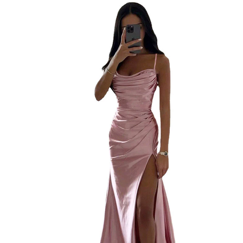 Heidi-Mode | Schnürung Falten Schlitz Satin Schmaler Schnitt Bodycon Kleid - Image 2
