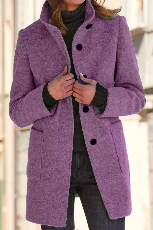 Heidi-Mode | Unifarbene Knopf Stehkragen Wolljacke