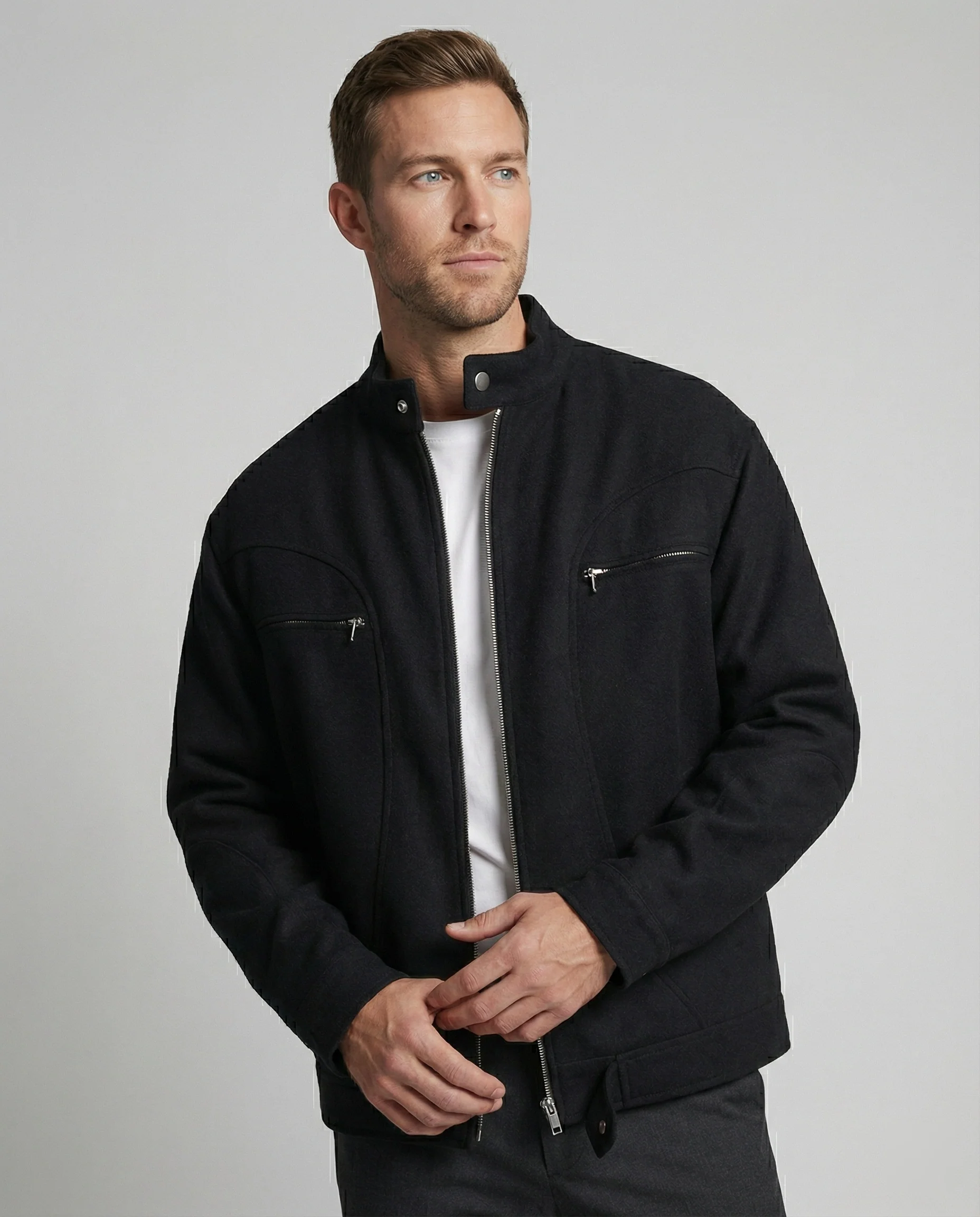 Herren lockere Wolloptik-Blousonjacke mit kurzem Stehkragen durchgehendem Reißverschluss und horizontalen Brusttaschen Heidi-Mode
