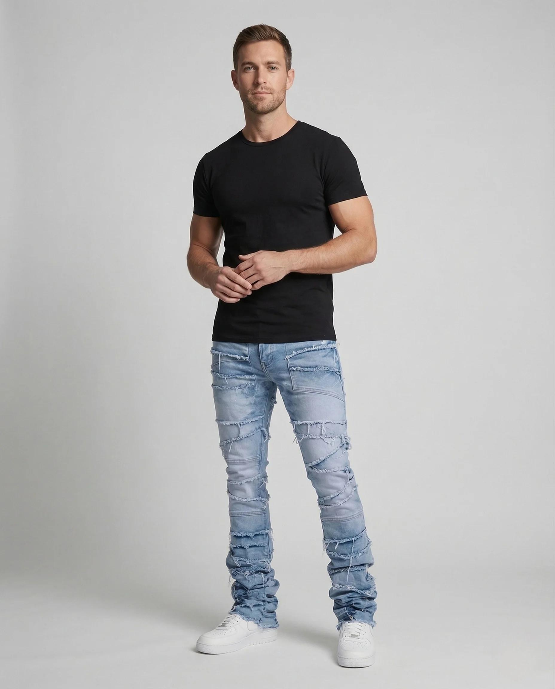 Herren Patchwork Jeans Slim Fit mit Fransen