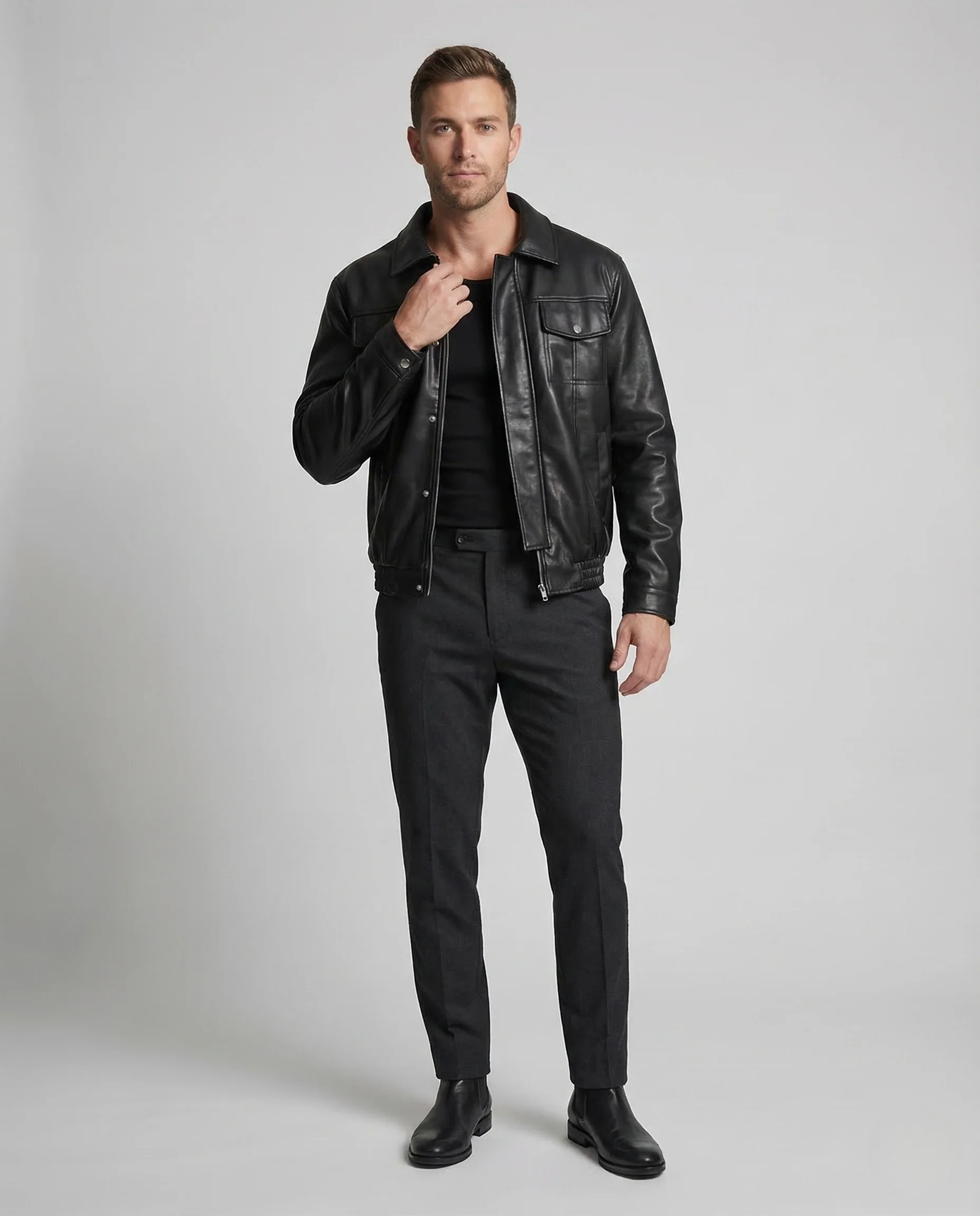 Herren Kunstleder Workerjacke Pattentaschen
