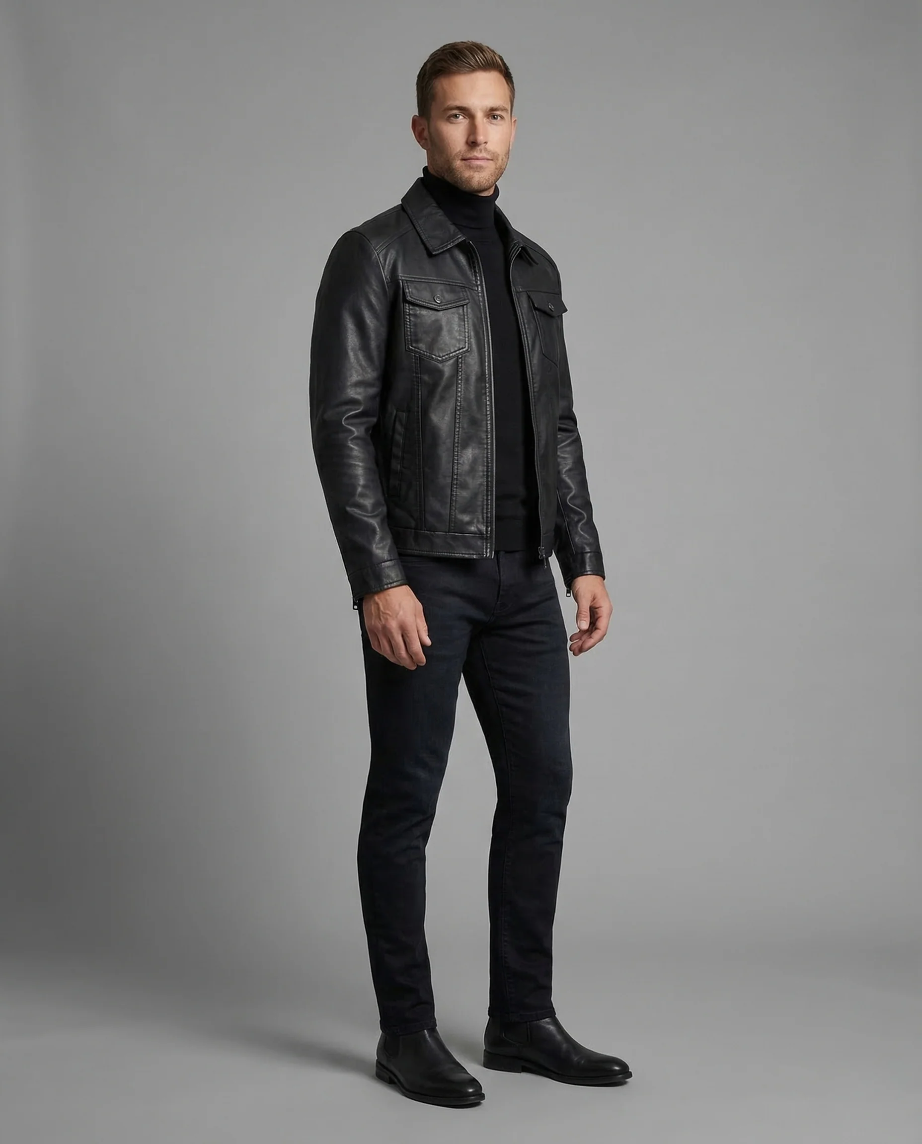 Herren Lederoptik Blouson Hemdkragen Brustklappen