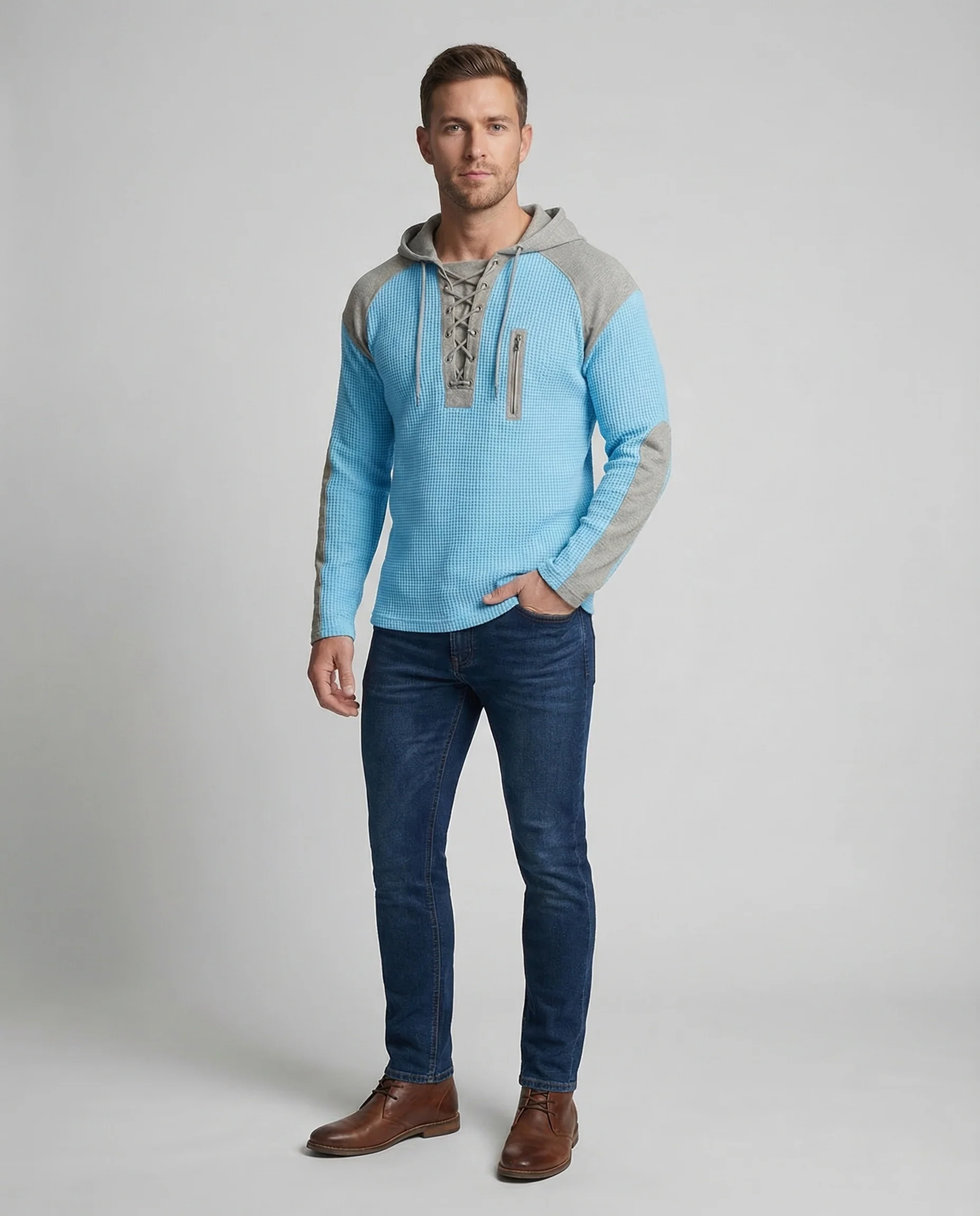Herren Waffelstrick Hoodie Kapuze Reißverschluss Tasche