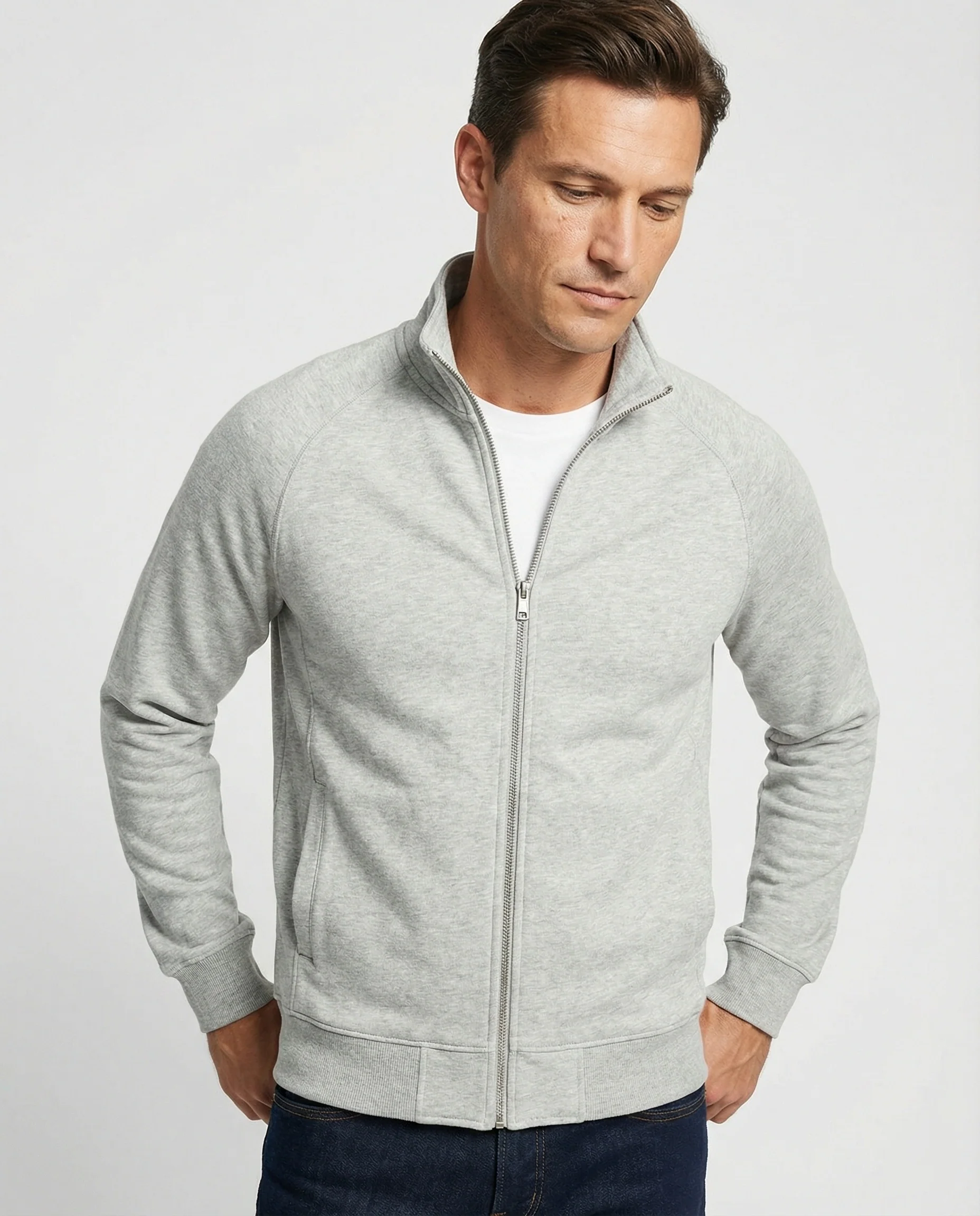 Herren strukturierte Stehkragen-Sweatjacke mit Raglanärmeln und durchgehendem Reißverschluss Heidi-Mode