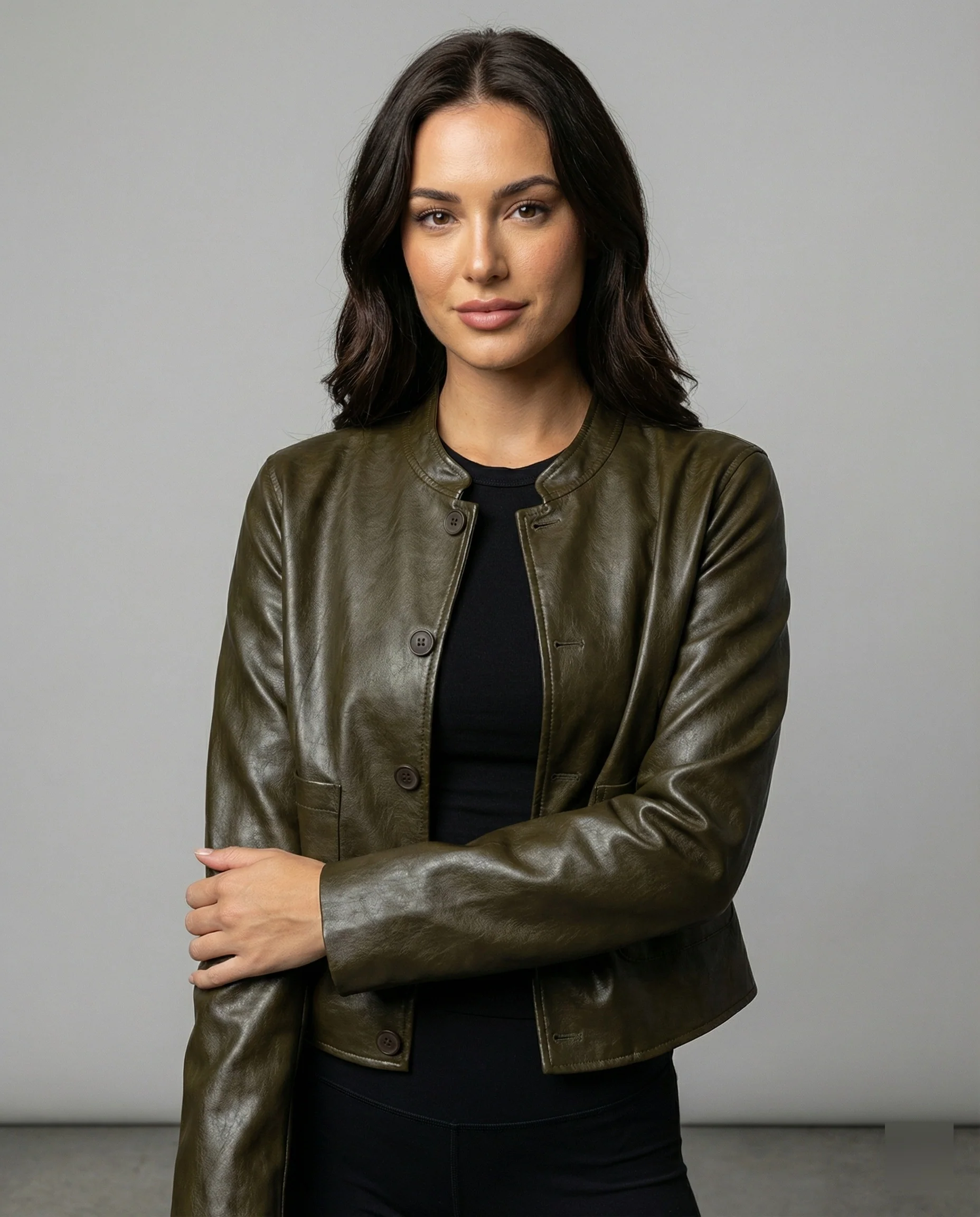 Kurze grüne Lederjacke Damen Übergröße Lockerer Schnitt Herbst Jacke